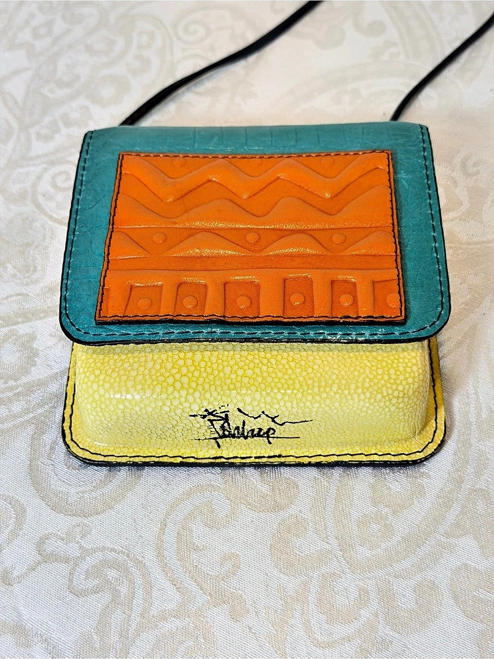 Vintage Colorblock Tooled Leather Crossbody Stash Pouch bag